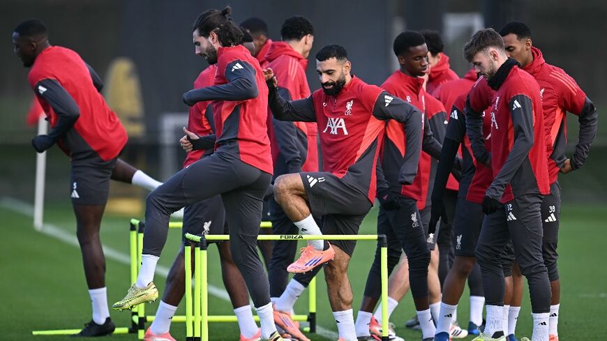 Mohamed Salah (centre) at a Liverpool training session 