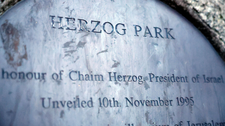 A plaque on a stone reads 'Herzog Park' commemorating Chaim Herzog, Israel's sixth president, who was born in Belfast, as Dublin City Council has prepared a motion to rename 'Herzog Park' to 'Hind Rajab Park' after Hind Rajab from Gaza, in Dublin, Ireland, November 30, 2025. REUTERS/Clodagh Kilcoyne