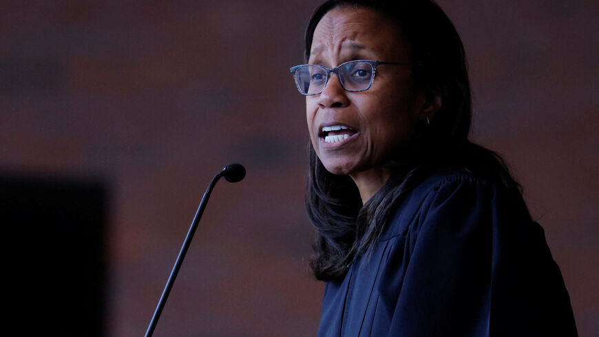 U.S. District Court Chief Judge Denise Casper presides over the Investiture Ceremony for U.S. District Judge Brian Murphy, who blocked the Trump administration for weeks from finalizing the deportation of eight men to South Sudan, at the federal courthouse in Boston, Massachusetts, U.S., September 17, 2025.   REUTERS/Brian Snyder