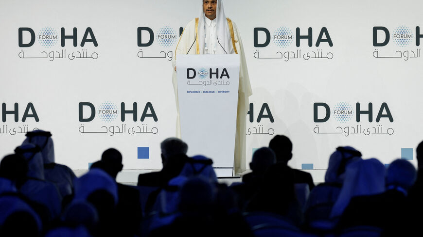 Qatar's Prime Minister and Minister for Foreign Affairs Sheikh Mohammed bin Abdulrahman bin Jassim Al-Thani speaks on the first day of the 23rd edition of the annual Doha Forum, in Doha, Qatar, December 6, 2025. REUTERS/Ibraheem Abu Mustafa