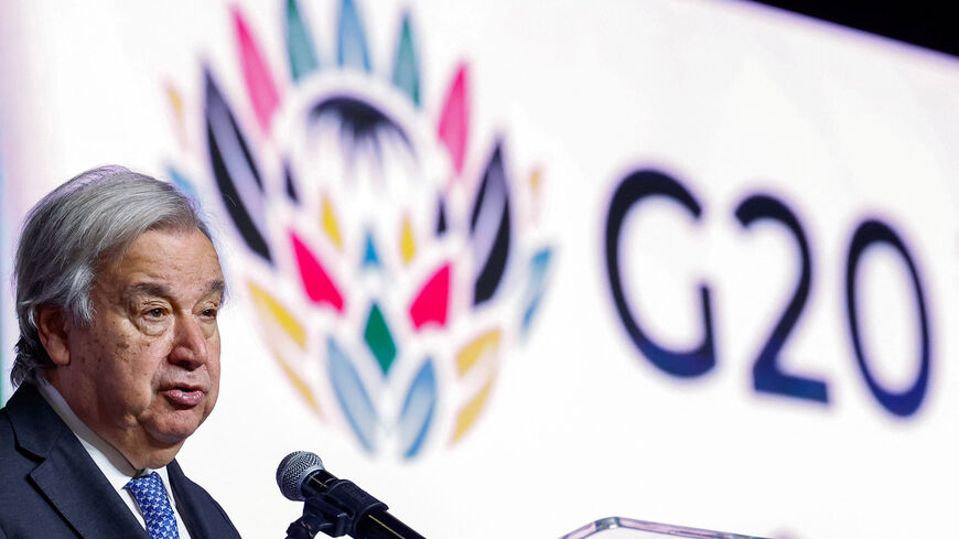 U.N. Secretary-General Antonio Guterres speaks at a media briefing inside the G20 Summit venue at the Nasrec Expo Centre, ahead of the summit scheduled for November 22–23, in Johannesburg, South Africa, November 21, 2025. REUTERS/Thomas Mukoya
