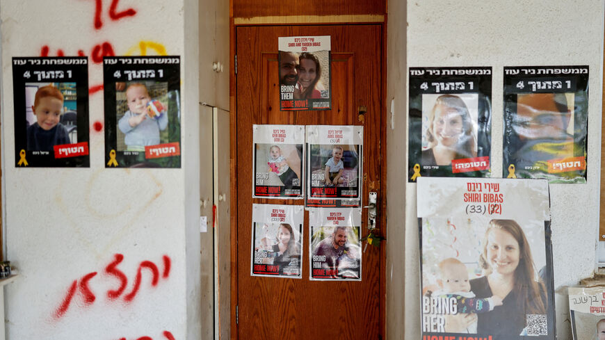 FILE PHOTO: Posters with images of Yarden, Shiri, Ariel and Kfir Bibas who were taken hostage are displayed at the entrance to the Bibas family house, on the day of Kibbutz Nir Oz commemorates those killed during the deadly October 7, 2023, attack on Israel's southern communities by Hamas, in Kibbutz Nir Oz, southern Israel, October 6, 2025. Shiri Bibas and the children were killed in captivity and Yarden Bibas was released from captivity after 484 days. REUTERS/Amir Cohen/File Photo