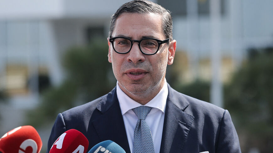Cypriot Foreign Minister Constantinos Kombos speaks to media after a meeting with Germany's Foreign Minister Johann Wadephul at the Larnaca International Airport, in Larnaca, Cyprus June 16, 2025. REUTERS/Yiannis Kourtoglou