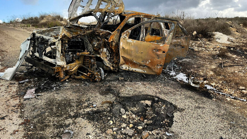 FILE PHOTO: Al Jazeera's burnt out car is seen on October 15, 2023, at the site near the village of Alma al-Chaab, Lebanon, where Reuters visual journalist Issam Abdallah was killed when a tank round hit him October 13, 2023 while he was filming cross-border shelling. REUTERS/Maya Gebeily/File Photo