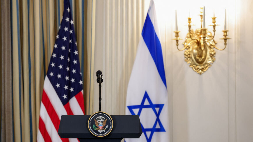 U.S. and Israeli flags and a lectern set up in the State Dining Room at the White House before a joint press conference of U.S. President Donald Trump and Israeli Prime Minister Benjamin Netanyahu, in Washington, D.C., U.S., September 29, 2025. REUTERS/Jonathan Ernst