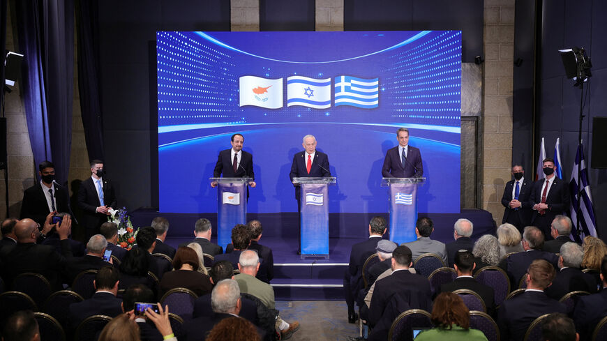 Israeli Prime Minister Benjamin Netanyahu, Cypriot President Nikos Christodoulides and Greek Prime Minister Kyriakos Mitsotakis hold a joint press conference after a trilateral meeting at the Citadel of David Hotel, in Jerusalem, December 22, 2025.  ABIR SULTAN/Pool via REUTERS