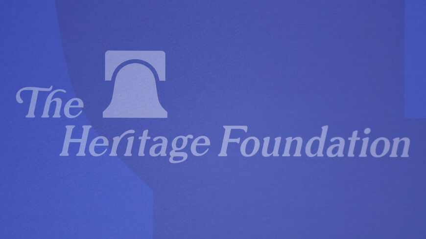 FILE PHOTO: The Heritage Foundation's logo is displayed during the 2025 Joseph Story Distinguished Lecture in Washington, D.C., U.S., October 22, 2025. REUTERS/Kylie Cooper/File Photo