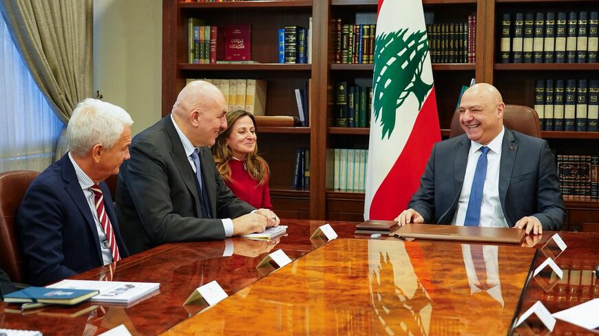 Italian Defense Minister Guido Crosetto (Middle-L) meets with Lebanese President Joseph Aoun (R) in Beirut at Baabda Palace, on Dec. 22, 2025.