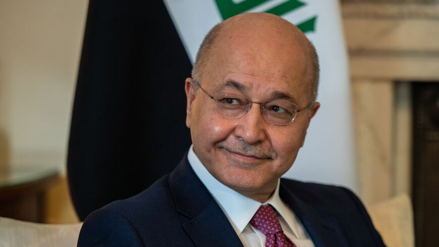 Iraqi President Barham Salih meets with UK Prime Minister, Theresa May (unseen), on June 25, 2019, in London, England. 