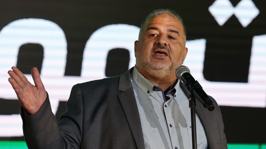 Head of Israel's Raam, Mansour Abbas, speaks at his campaign headquarters in the northern Israeli city of Tamra before national election polls close, on Nov. 1, 2022