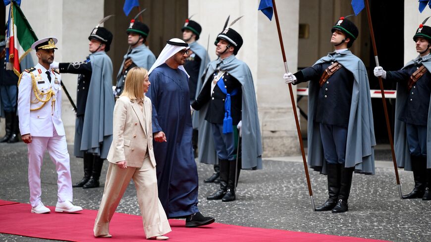 Italy's Prime Minister Giorgia Meloni (C/L) welcomes President of the United Arab Emirates Sheikh Mohamed bin Zayed Al Nahyan at The Chigi Palace in Rome, on Feb. 24, 2025.