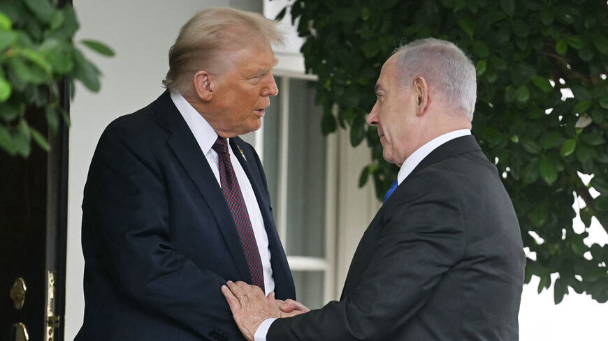 US President Donald Trump (L) greets Israeli Prime Minister Benjamin Netanyahu as he arrives at the West Wing of the White House, Washington, Sept. 29, 2025.