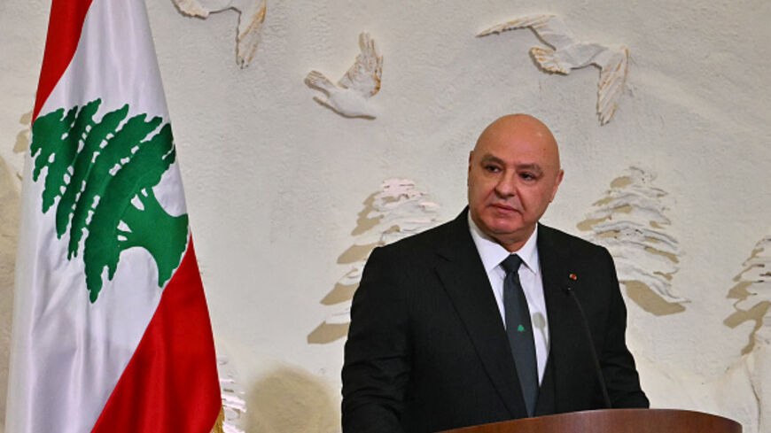 Lebanon's President Joseph Aoun delivers a speech during a meeting of Pope Leo XIV with authorities, civil society and diplomatic corps at the presidential palace in Baabda, east of the capital Beirut, on November 30, 2025. (Photo by Andreas SOLARO / AFP via Getty Images)
