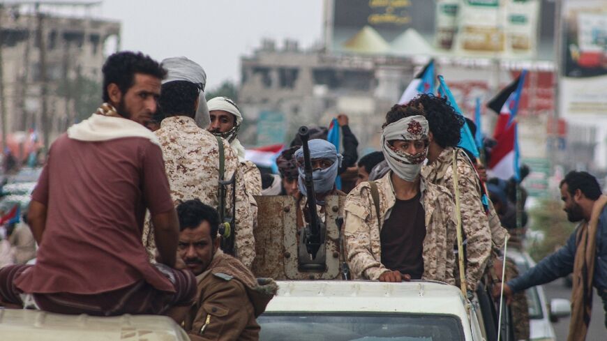 Members of the Sabahiha tribes of Lahj gather during a rally to show their support for the UAE-backed Southern Transitional Council in  Aden on December 14