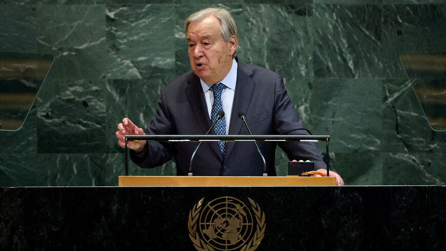FILE PHOTO: United Nations Secretary-General Antonio Guterres addresses the 80th United Nations General Assembly at U.N. headquarters in New York City, U.S., September 23, 2025.  REUTERS/Mike Segar/File Photo