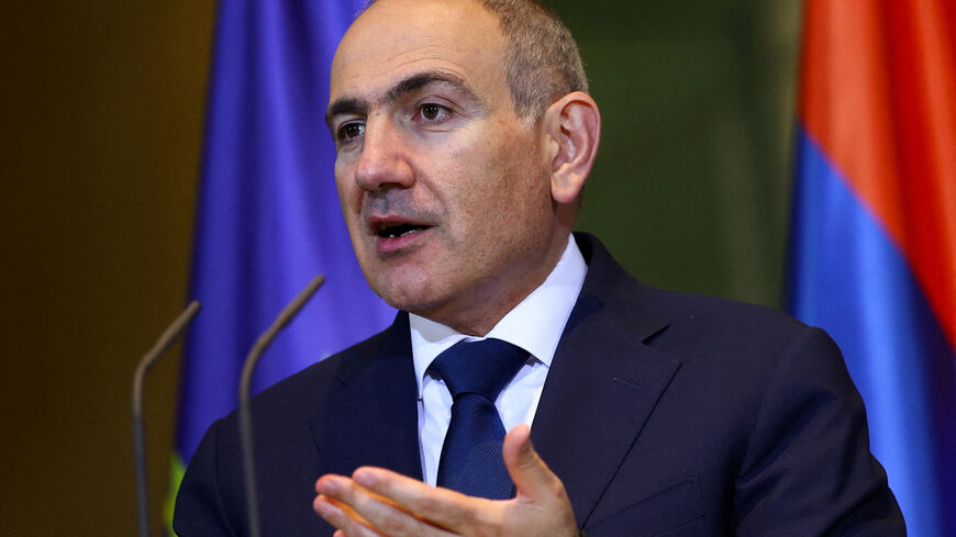 FILE PHOTO: Armenian Prime Minister Nikol Pashinyan speaks during a press conference with German Chancellor Friedrich Merz (not pictured) at the Chancellery in Berlin, Germany December 9, 2025.  REUTERS/Lisi Niesner/File Photo