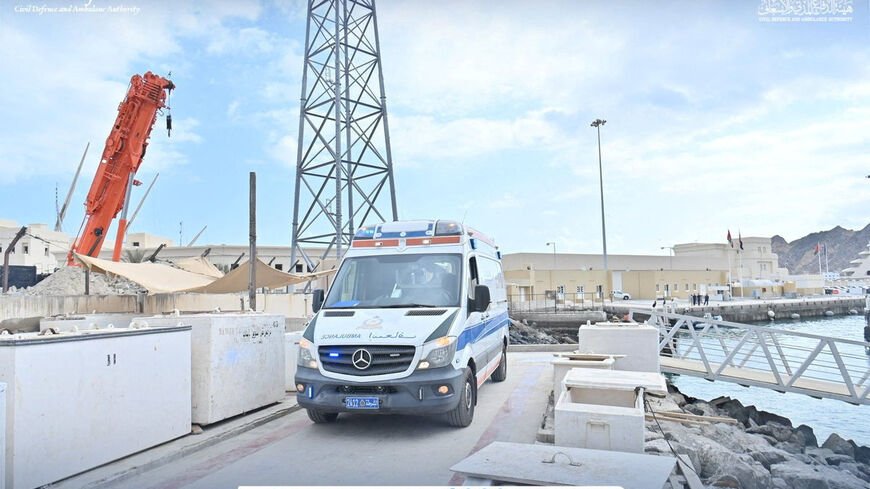An ambulance stands following the report of French tourists being killed when a boat capsized off the coast of Oman, according to the Omani police, in Muttrah, Oman, in this handout image relased on January 27,  2026. Civil Defence and Ambulance Authority - Sultanate of Oman/Handout via REUTERS