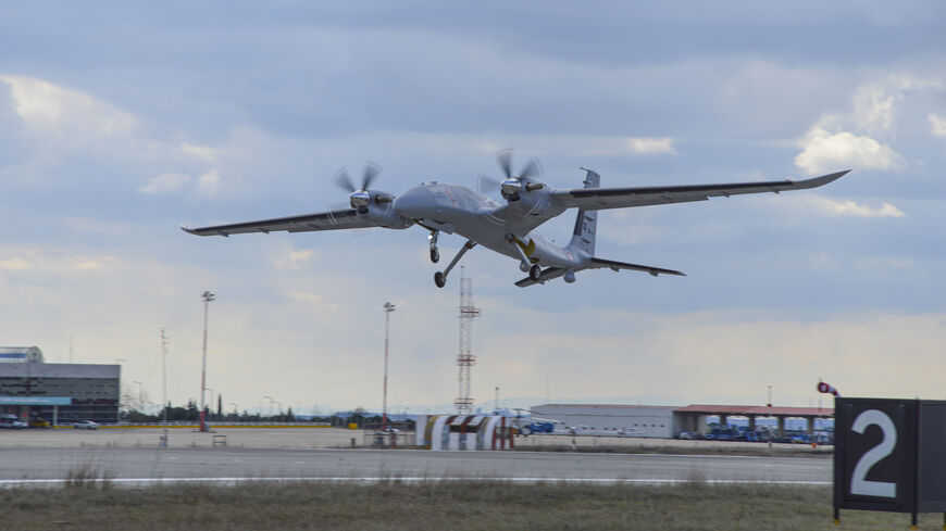 A B model of Bayraktar AKINCI TİHA (Assault Unmanned Aerial Vehicle) in the sky on March 2, 2022 in Corlu, Turkey.