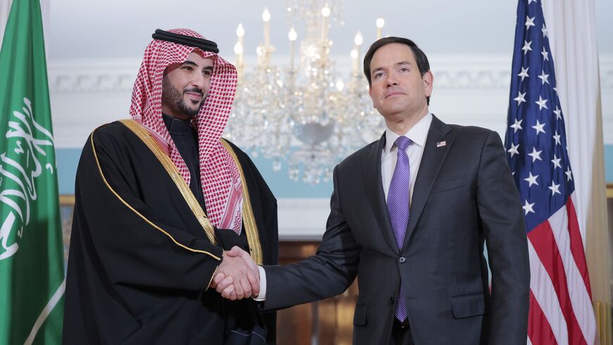Saudi Arabian Defense Minister Prince Khalid bin Salman and US Secretary of State Marco Rubio pose for a photo opportunity ahead of a meeting in the US State Department Building on Feb. 25, 2025, in Washington, DC.