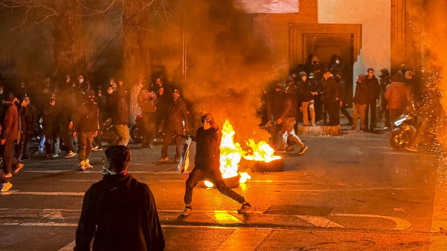 Iranians gather while blocking a street during a protest in Tehran, Iran on Jan. 9, 2026.