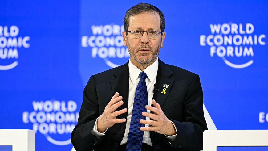Israel's President Isaac Herzog gestures as he speaks during the World Economic Forum annual meeting, Davos, Switzerland, Jan. 22, 2026.