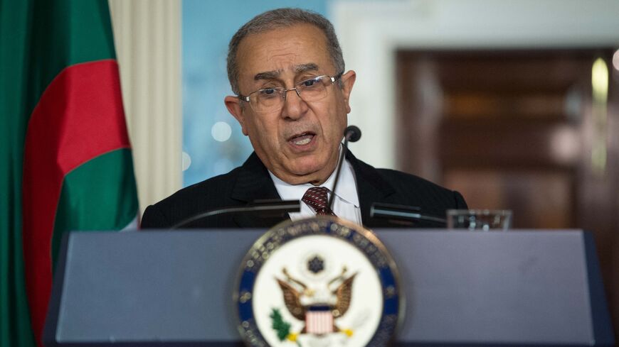 Algerian Foreign Minister Ramtane Lamamra speaks to the press with US Secretary of State John Kerry (unseen) during a press conference as part of the US/ Algeria Strategic Dialogue at the State Department in Washington, on April 8, 2015. 