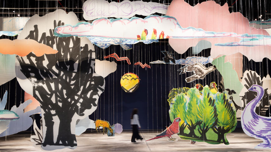 In “Interludes and Transitions,” Diriyah Contemporary Art Biennale 2026, installation view of Petrit Halilaj’s “Very volcanic over this green feather” (2021). (Photo by Alessandro Brasile, courtesy of the Diriyah Biennale Foundation)