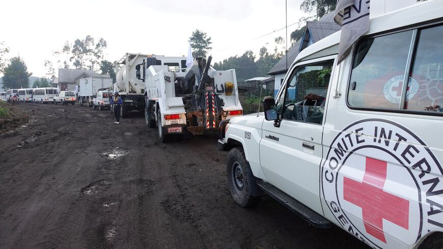 An International Committee of the Red Cross convoy escorts the now-unarmed Congolese soldiers and police officers, as well as their families who sought refuge at the United Nations Organization Stabilization Mission in the Democratic Republic of the Congo (MONUSCO) base since the capture by M23 rebels in January; in Goma, North Kivu province of the Democratic Republic of Congo, April 30, 2025. International Committee of the Red Cross/Handout via REUTERS