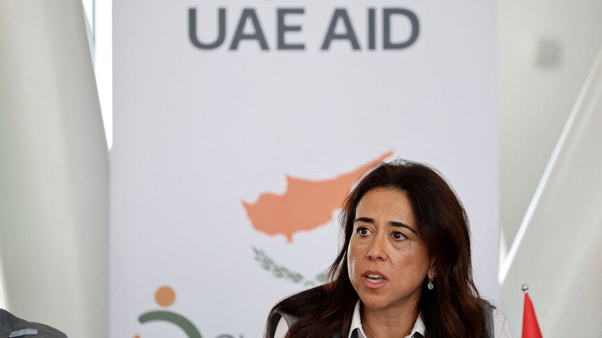 UAE's Minister of State Lana Nusseibeh speaks to the media at Limassol port, Cyprus, where aid is accumulating for the people of Gaza, November 7, 2025. REUTERS/Yiannis Kourtoglou