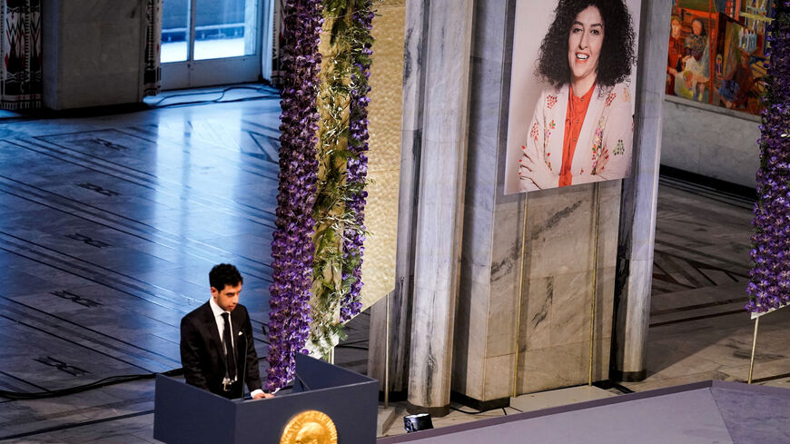 FILE PHOTO: Ali Rahmani, son of Narges Mohammadi, an imprisoned Iranian human rights activist, who was awarded the Nobel Peace Prize 2023, speaks after receiving the award on behalf of his mother at Oslo City Hall, Norway December 10, 2023. NTB/Fredrik Varfjell via REUTERS  /File Photo