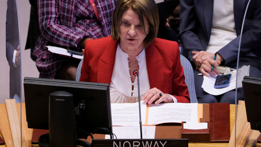 FILE PHOTO: Norway's Ambassador to the United Nations Mona Juul addresses the United Nations Security Council during a meeting, amid Russia's invasion of Ukraine, at the United Nations Headquarters in Manhattan, New York City, New York, U.S., April 5, 2022. REUTERS/Andrew Kelly/File Photo