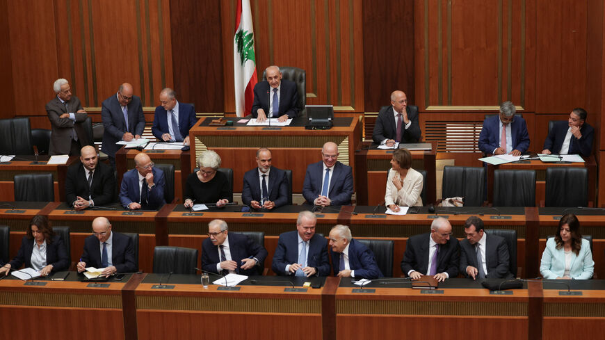 Lebanese Parliament Speaker Nabih Berri and members of the Lebanese government attend a parliament session in Beirut, Lebanon July 15, 2025. REUTERS/Emilie Madi