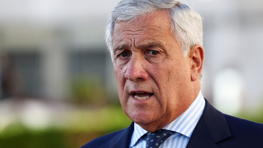 Italian Minister of Foreign Affairs Antonio Tajani speaks to the media after visiting Gemelli hospital with Palestinian Foreign Minister Varsen Aghabekian Shahin (not pictured), in Rome, Italy, September 1, 2025. REUTERS/Guglielmo Mangiapane