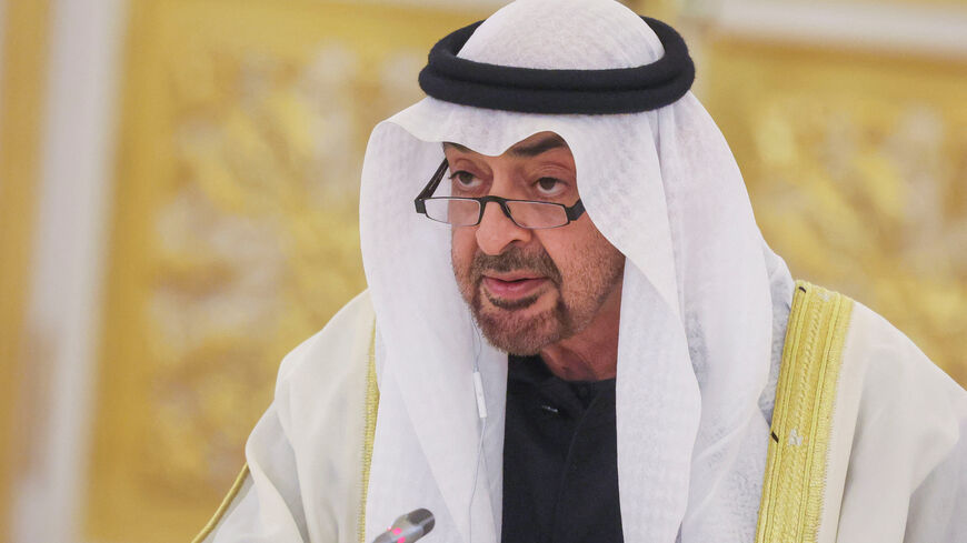 UAE's President Sheikh Mohammed bin Zayed Al Nahyan speaks with Russian President Vladimir Putin (not pictured) during their meeting at the Kremlin in Moscow, Russia, January 29, 2026.    Maxim Shipenkov/Pool via REUTERS