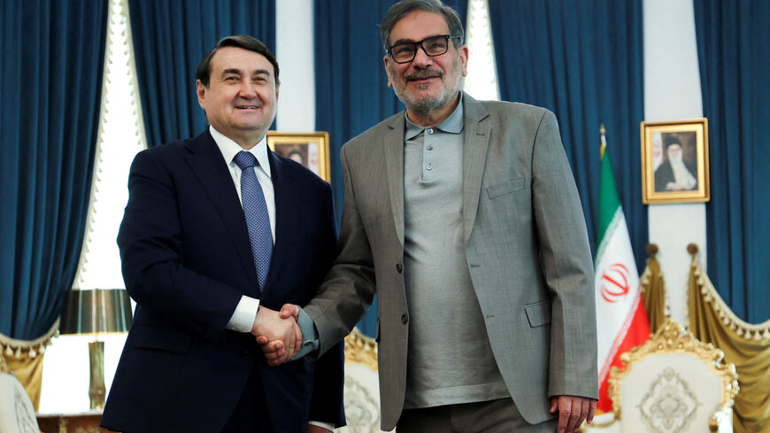 FILE PHOTO: Iran's Secretary of the Supreme National Security Council Ali Shamkhani (R) meets with Russia's Presidential Aide Igor Levitin (L) in Tehran, Iran, April 9, 2023. Majid Asgaripour/WANA (West Asia News Agency) via REUTERS/File Photo
