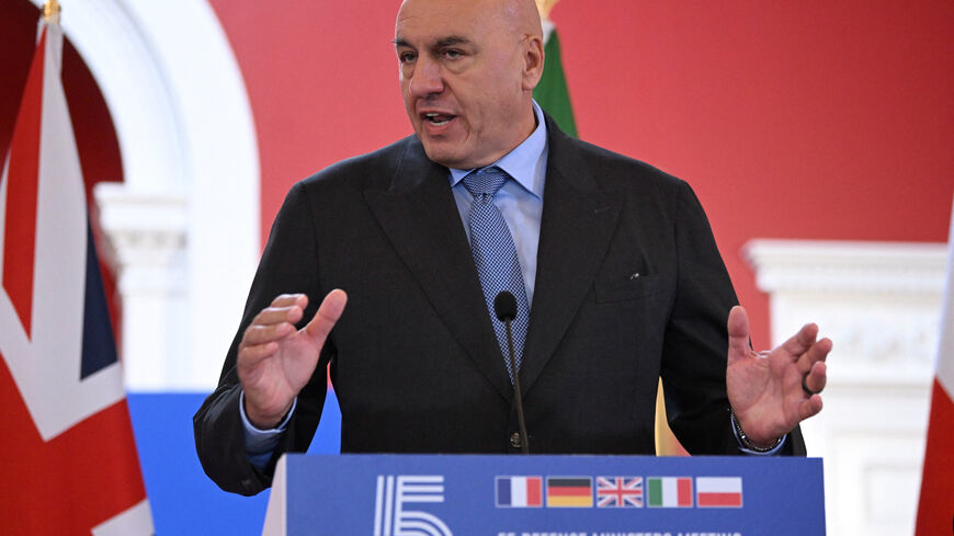 FILE PHOTO: Italian Defence Minister Guido Crosetto speaks at a joint press conference, with British, Polish, German and French officials, after the Group of Five (E5) defence ministers' meeting at Royal Artillery Barracks, Woolwich, in London, Britain, September 10, 2025. REUTERS/Jaimi Joy/File Photo