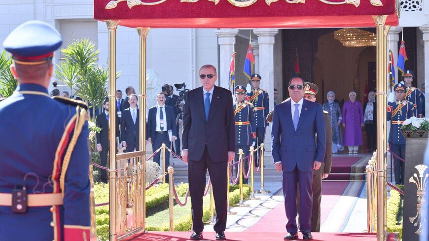 Turkish President Recep Tayyip Erdogan stand with Egyptian President Abdel Fattah al-Sisi in Cairo, Feb. 4, 2026.