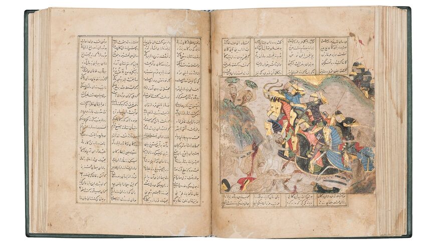 A manuscript illustration depicting Iskandar fighting the tribes of Gog and Magog during the “Empire of Light: Visions and Voices of Afghanistan” exhibition at the Museum of Islamic Art in Doha. (Photo courtesy of the Museum of Islamic Art)