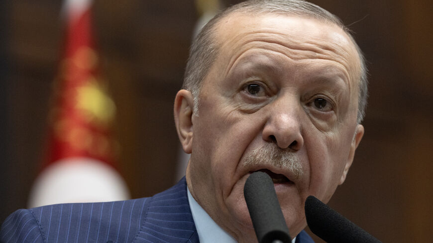 ANKARA, TURKEY - JANUARY 21: Turkey’s President Recep Tayyip Erdogan speaks to MPs at his party's group meeting in the Turkish parliament on January 21, 2026 in Ankara, Turkey. Turkish President Recep Tayyip Erdogan is among world leaders that have been invited by United States President Donald Trump, to join the Gaza Board of Peace, Turkish Foreign Minister Hakan Fidan was also included as an appointed member. (Photo by Serdar Ozsoy/Getty Images)