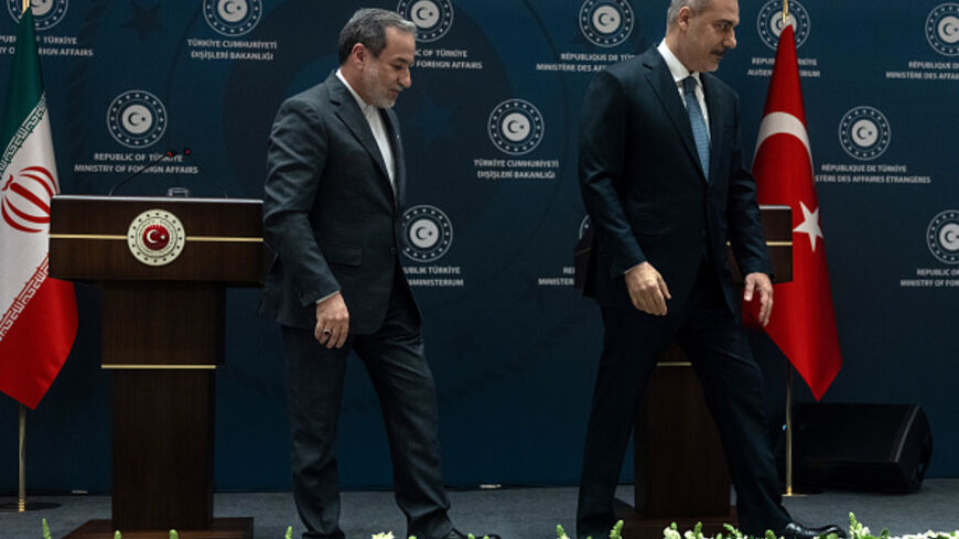 Turkey's Foreign Minister Hakan Fidan and his Iranian counterpart Abbas Araghchi after giving a statement at the Ritz Hotel as they meet on January 30, 2026 in Istanbul, Turkey. (Burak Kara/Getty Images)