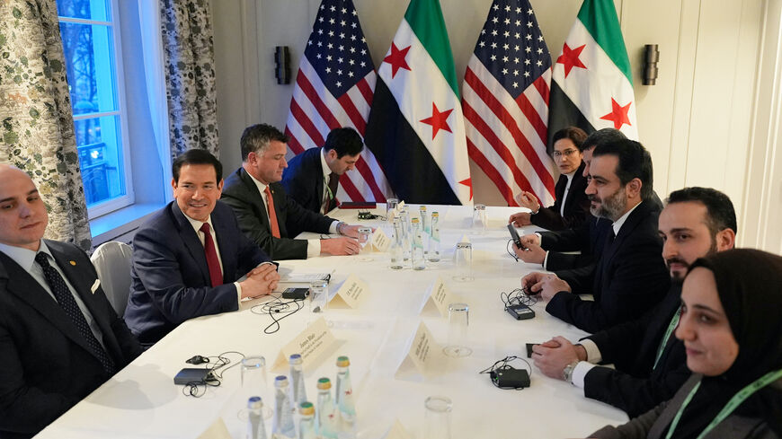 US Secretary of State Marco Rubio (2nd L), Syrian Foreign Minister Asaad al-Shibani (3rd R) and SDF commander Mazlum Kobane (4th R) meet on the sidelines of the Munich Security Conference, on Feb. 13, 2026 in Munich. 