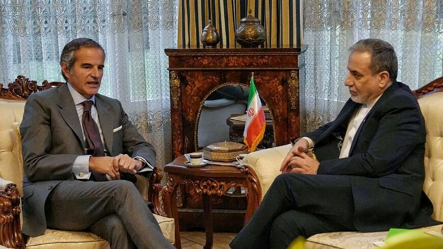 In this handout photo released by the Iranian Ministry of Foreign Affairs, Iran's Foreign Minister Abbas Araghchi holds a meeting with International Atomic Energy Agency head Rafael Grossi in Geneva