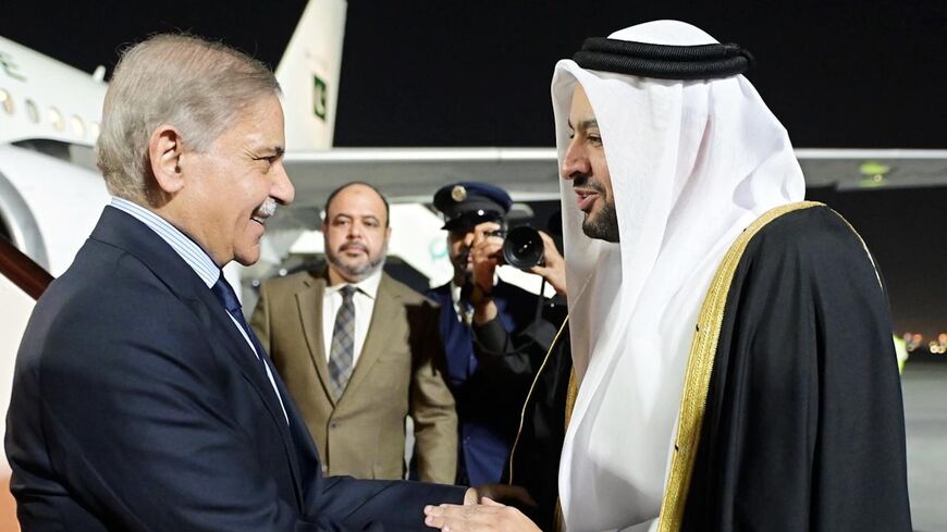 Prime Minister Muhammad Shehbaz Sharif is being received by Minister of State for Foreign Affairs of State of Qatar Muhammad bin Abdulaziz Al-Khulaifi at King Hammad International Airport, as he arrives in Qatar on two day official visit, on Feb. 23, 2026.