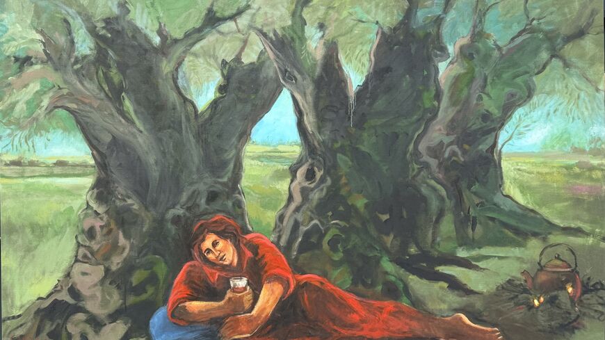 Mohammed al-Hawajri. “Tea Under the Shade of Olive Trees” (2025). Acrylic on canvas. 270 × 170 cm. (Photo courtesy of the artist)