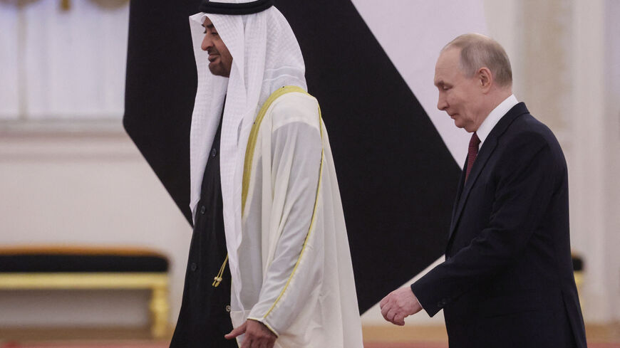 Russian President Vladimir Putin and UAE's President Sheikh Mohammed bin Zayed Al Nahyan attend a welcoming ceremony at the Kremlin in Moscow, Russia, January 29, 2026.    Maxim Shipenkov/Pool via REUTERS