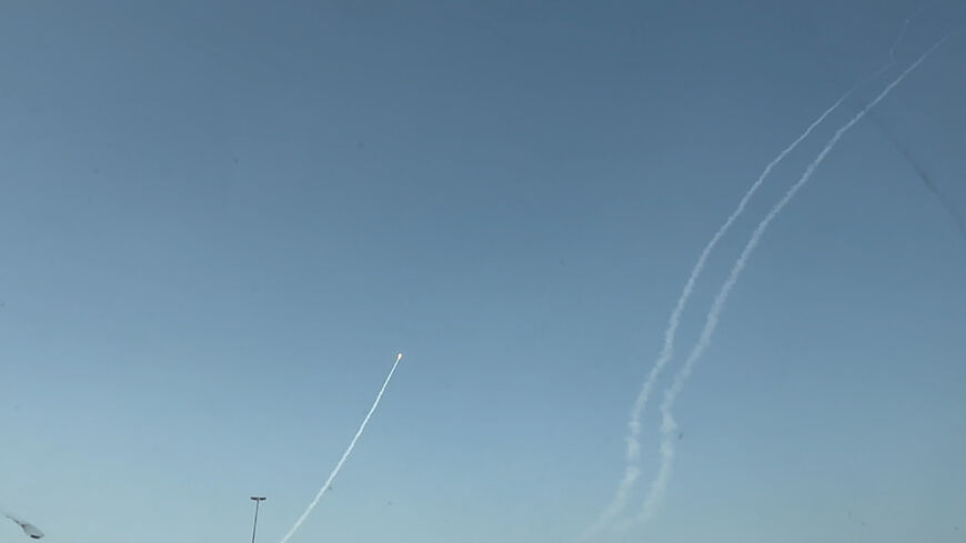 A rocket moves in the sky over Dubai, United Arab Emirates, March 2, 2026 in this screen grab taken from a social media video.