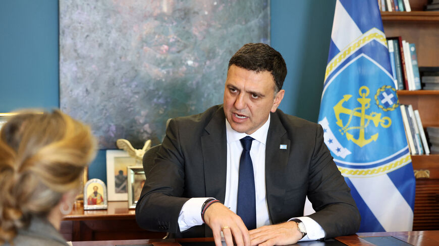 Greek Minister of Maritime Affairs and Insular Policy Vassilis Kikilias speaks during an interview with Reuters, amid the U.S.-Israel conflict with Iran, at the Ministry of Maritime Affairs and Insular Policy in Piraeus, Greece, March 3, 2026. REUTERS/Louiza Vradi