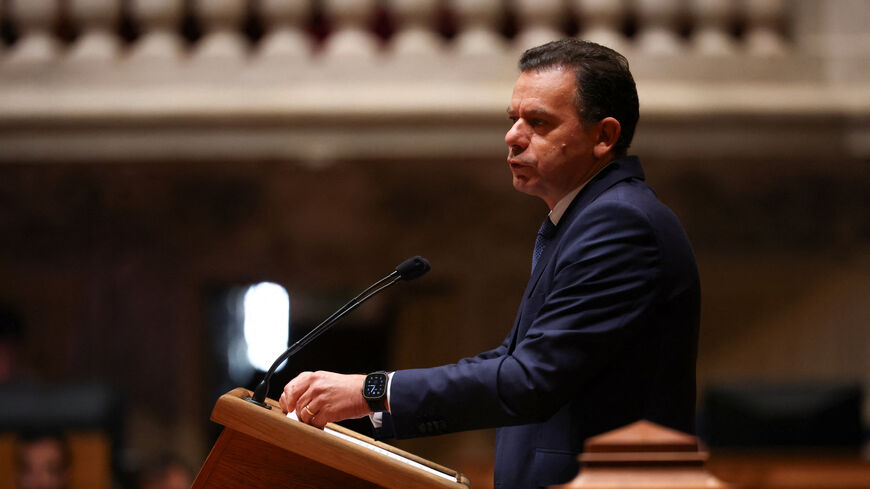 Portugal's Prime Minister Luis Montenegro speaks during the debate on government's performance on the storms that hit Portugal, at the parliament in Lisbon, Portugal, February 19, 2026. REUTERS/Pedro Nunes