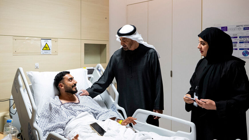 President of the United Arab Emirates Sheikh Mohamed bin Zayed Al Nahyan meets an injured patient receiving treatment at a hospital in Abu Dhabi, United Arab Emirates, March 6, 2026. Abdulla Al Bedwawi/UAE Presidential Court/Handout via REUTERS