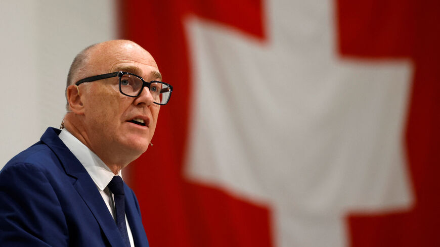 Swiss Federal Councillor Martin Pfister speaks during a press conference as he visits Swiss army troops in Bure, Switzerland May 26, 2025. REUTERS/Stefan Wermuth